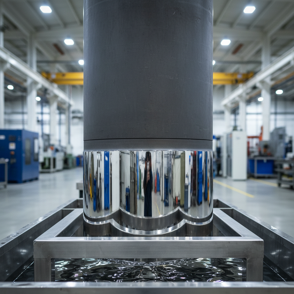 A close-up, photographic realism shot of a heavy steel industrial cylinder partially immersed in a large bath of shimmering chrome-like liquid coating. The metal surface shows a precise transition from matte, untreated steel to a mirror-smooth, freshly coated area that reflects surrounding machinery in soft distortions. The cylinder rests on a robust, clean stainless-steel frame within a bright, modern factory environment. Cool, diffused overhead LED lighting creates crisp highlights along the coated section and subtle shadows beneath the frame. Captured at eye level with a shallow depth of field, the coated surface is in razor-sharp focus while the background equipment fades into a gentle bokeh, conveying precision, high technology, and professional industrial finishing.