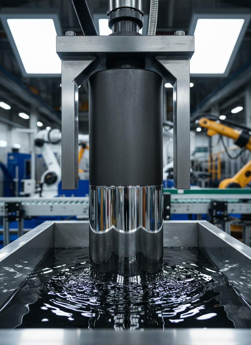 A close-up, photographic realism shot of a heavy steel industrial cylinder partially immersed in a large bath of shimmering chrome-like liquid coating. The metal surface shows a precise transition from matte, untreated steel to a mirror-smooth, freshly coated area that reflects surrounding machinery in soft distortions. The cylinder rests on a robust, clean stainless-steel frame within a bright, modern factory environment. Cool, diffused overhead LED lighting creates crisp highlights along the coated section and subtle shadows beneath the frame. Captured at eye level with a shallow depth of field, the coated surface is in razor-sharp focus while the background equipment fades into a gentle bokeh, conveying precision, high technology, and professional industrial finishing.