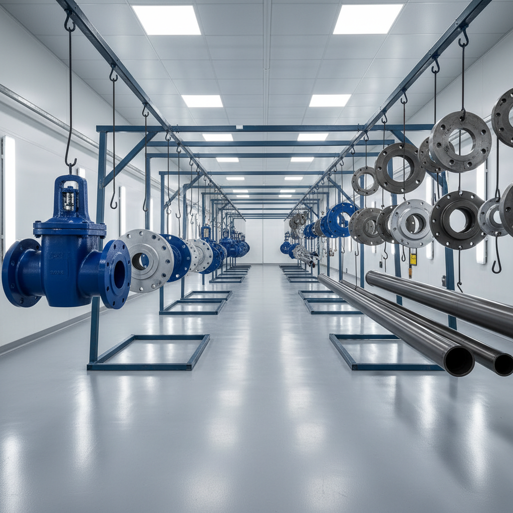 A panoramic, photographic view of a spotless industrial workshop dedicated to protective coatings, featuring orderly rows of large metallic components—valves, flanges, and pipes—hung on structured racks, each with uniformly applied colored industrial coatings in deep blues, silvers, and charcoal greys. The floor is smooth, light grey epoxy, reflecting the clean geometry of the space. Bright, even overhead lighting and additional side-mounted LED panels eliminate harsh shadows, emphasizing the smooth, flawless surfaces. The composition uses a wide-angle lens from a slightly elevated viewpoint to highlight depth and organization, with crisp focus throughout the frame. The atmosphere is meticulously professional, emphasizing quality control, efficiency, and high-standard industrial surface treatment processes without any clutter.