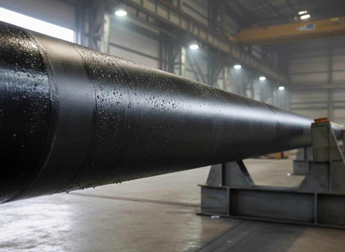 A high-resolution, photographic realism scene of a rugged steel pipeline section laid horizontally on a sturdy inspection stand, its surface protected by a thick, dark, anti-corrosion industrial coating with a slightly textured, satin finish. Fine beads of water rest on the coating, demonstrating hydrophobic performance. The pipeline is situated in a semi-open industrial space with concrete flooring and distant structural beams. Soft overcast daylight filters in from a large side opening, supplemented by neutral-white work lamps that accentuate the texture and thickness of the coating without creating harsh reflections. Captured from a low, side-on angle with moderate depth of field, the pipe dominates the frame while the environment gently blurs. The atmosphere communicates durability, long-term protection, and reliability in harsh industrial conditions.
