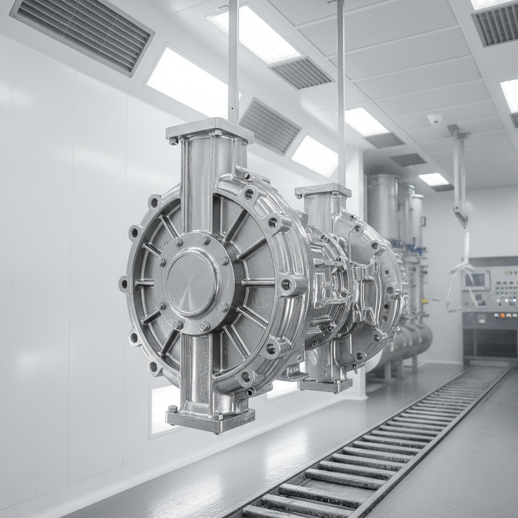 An ultra-clean, photographic image of a large, complex metal pump housing suspended on a conveyor line inside a modern coating booth, its surface fully covered with a fresh, glossy protective finish in metallic silver. The enclosure of the booth is bright white with smooth panels and integrated ventilation grills, giving a clinical, high-tech look. Intense but diffused overhead lighting removes harsh glare while creating subtle, continuous highlights over the curved geometry of the housing. The camera is positioned at three-quarter angle, mid-distance, using the rule of thirds to place the pump housing prominently against a blurred background of filters and control panels. The mood is precise and controlled, emphasizing automated application, consistency, and the reliability of advanced industrial recubrimientos.