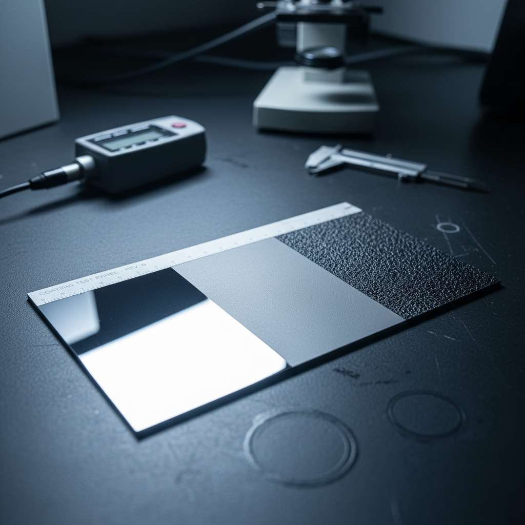 A detailed macro-style, photographic realism image of a coated metal test panel resting on a clean, dark technical workbench. The rectangular panel is divided into sections demonstrating different industrial coatings: high-gloss chrome, satin grey anti-corrosion layer, and a textured, matte protective finish. Each section catches the light differently, revealing fine textures and perfect uniformity. Faint etched labels and measurement grids are visible on the panel’s edge. Cool, directional studio lighting from the upper left produces controlled reflections and precise, soft-edged shadows. Behind, out-of-focus laboratory instruments such as thickness gauges and microscopes suggest rigorous quality testing. Shot at a shallow angle with a narrow depth of field, the image feels analytical, precise, and highly professional, ideal for illustrating technical expertise in industrial coatings.